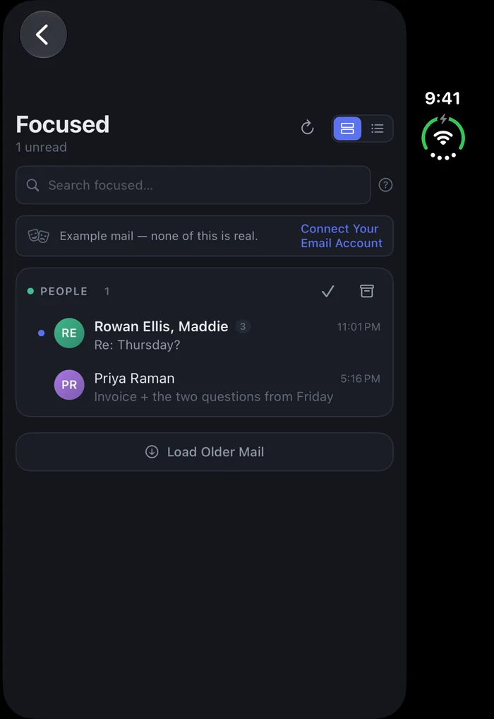 Kirby's mail list on the iPhone Duo's
               folded cover screen, in dark mode. A heading reads &lsquo;Focused, 1 unread&rsquo;
               above a search box and two example messages from Rowan Ellis and Priya Raman. The
               whole interface stops short of the right edge, leaving a black vertical band roughly
               a fifth of the screen wide. The clock reading 9:41, a battery and a wifi icon sit in
               that band.